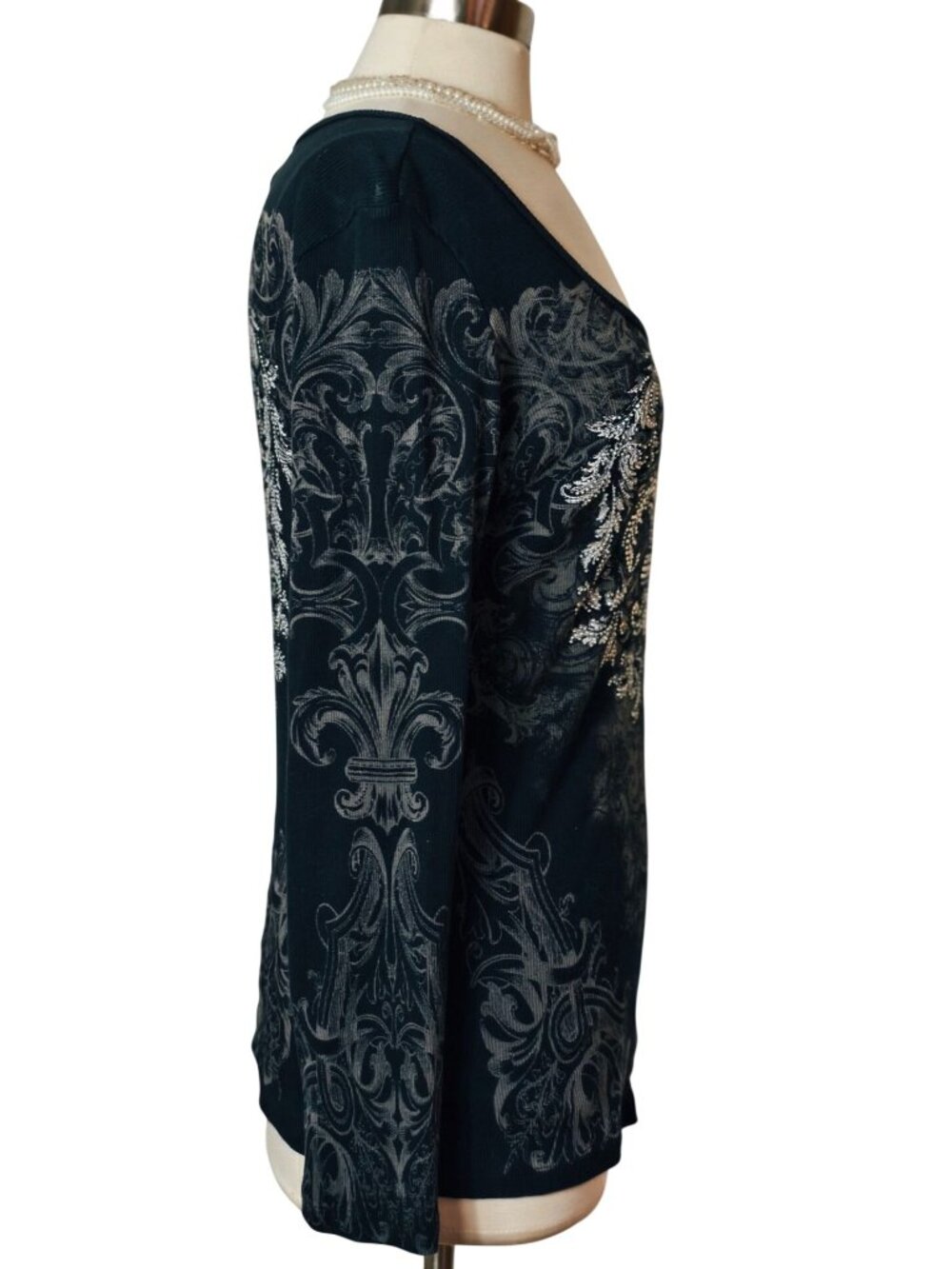 Vocal Womens XL Rhinestone Top Black Lng Slv Embellished Fleur-De-Lis Graphic - Picture 4 of 6
